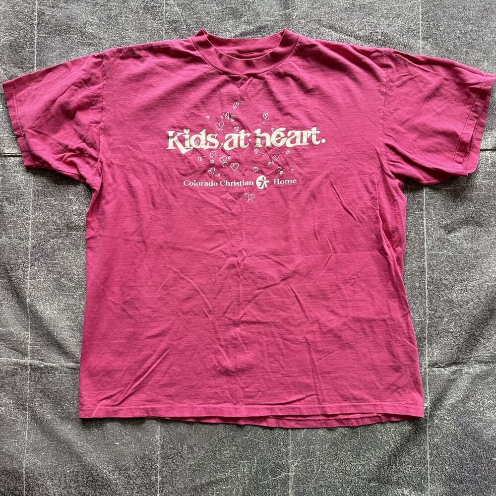 Men's Vintage 90's Kids at Heart Colorado Christian Home Pink T Shirt Tee Sz XL